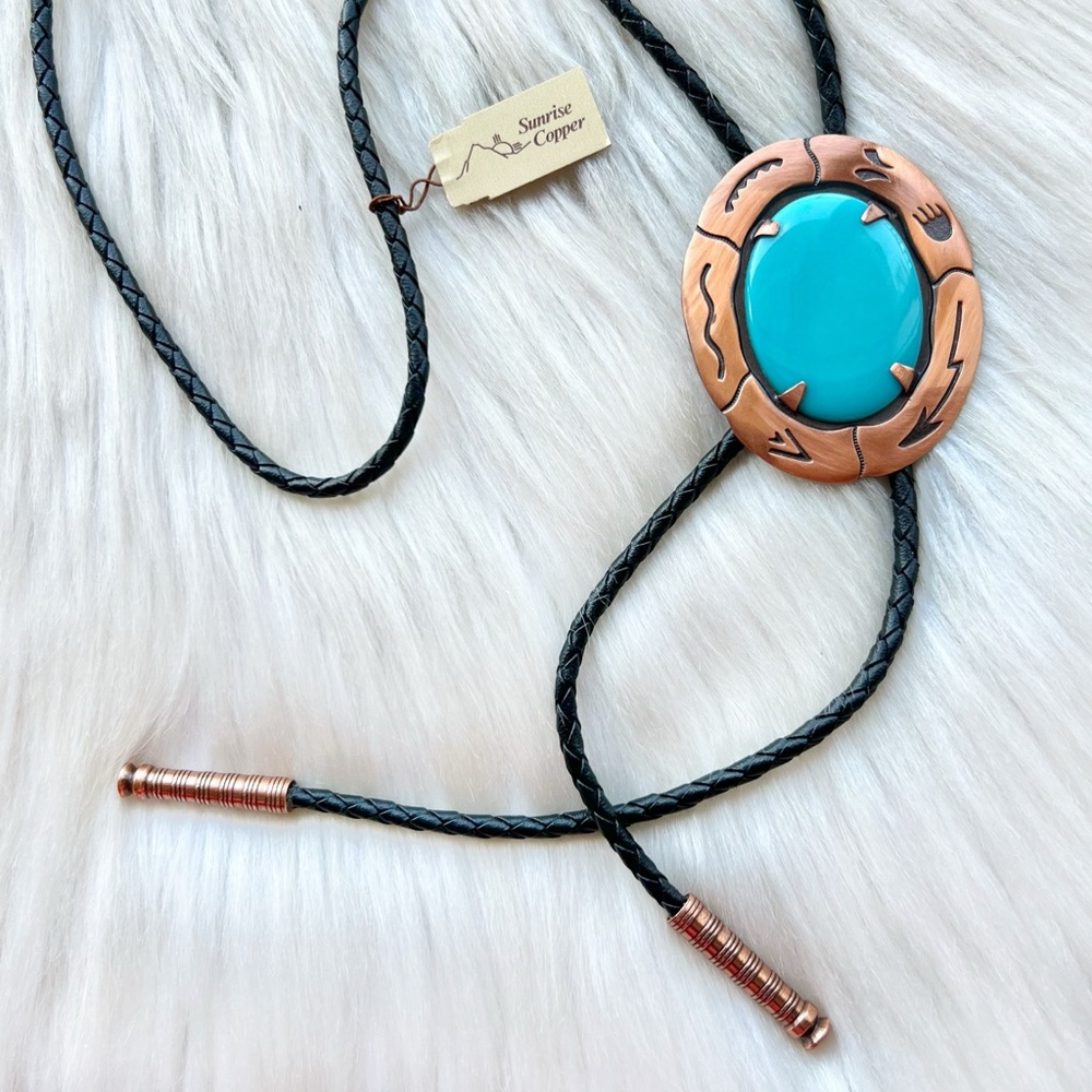 Vintage Copper Bolo Tie Wheeler Mfg Faux Turquoise Western Leather Cord USA New